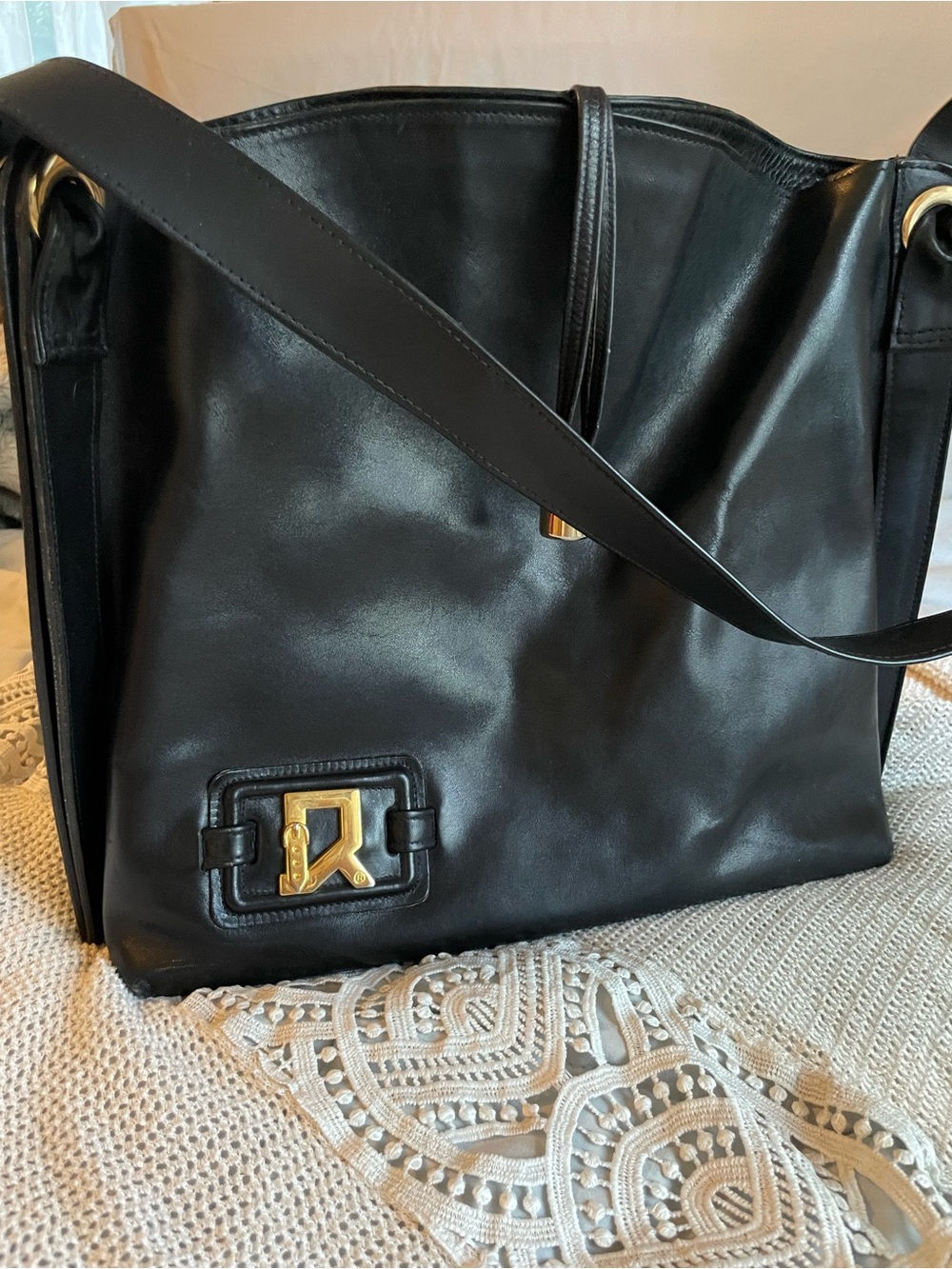 Lederer De Paris Black Italian Leather Shoulder Bag with Gold Logo Accent
